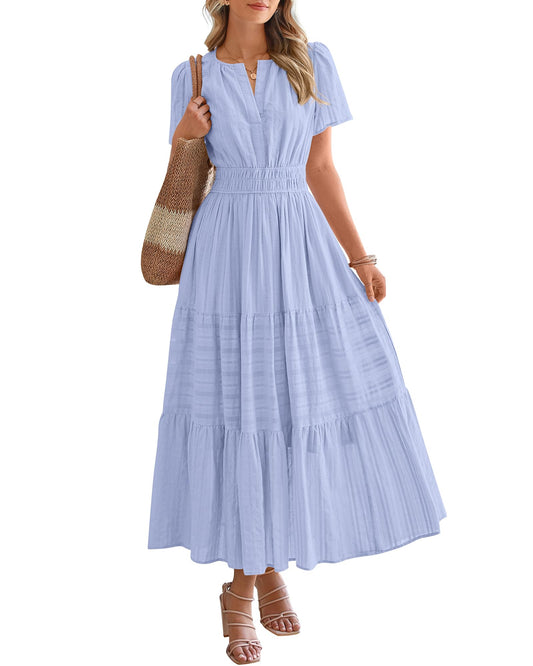 ⏰Hot Sale-Women's Lightweight Short Sleeve V Neck Elastic Waist Dresses
