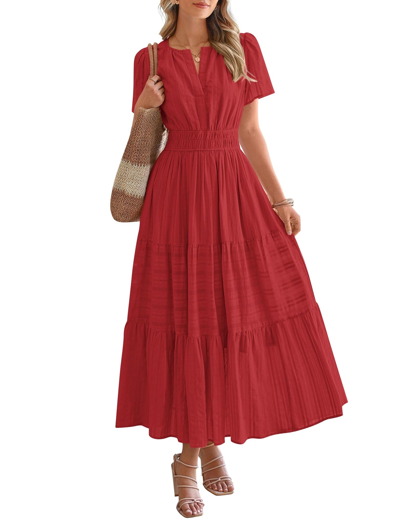 ⏰Hot Sale-Women's Lightweight Short Sleeve V Neck Elastic Waist Dresses