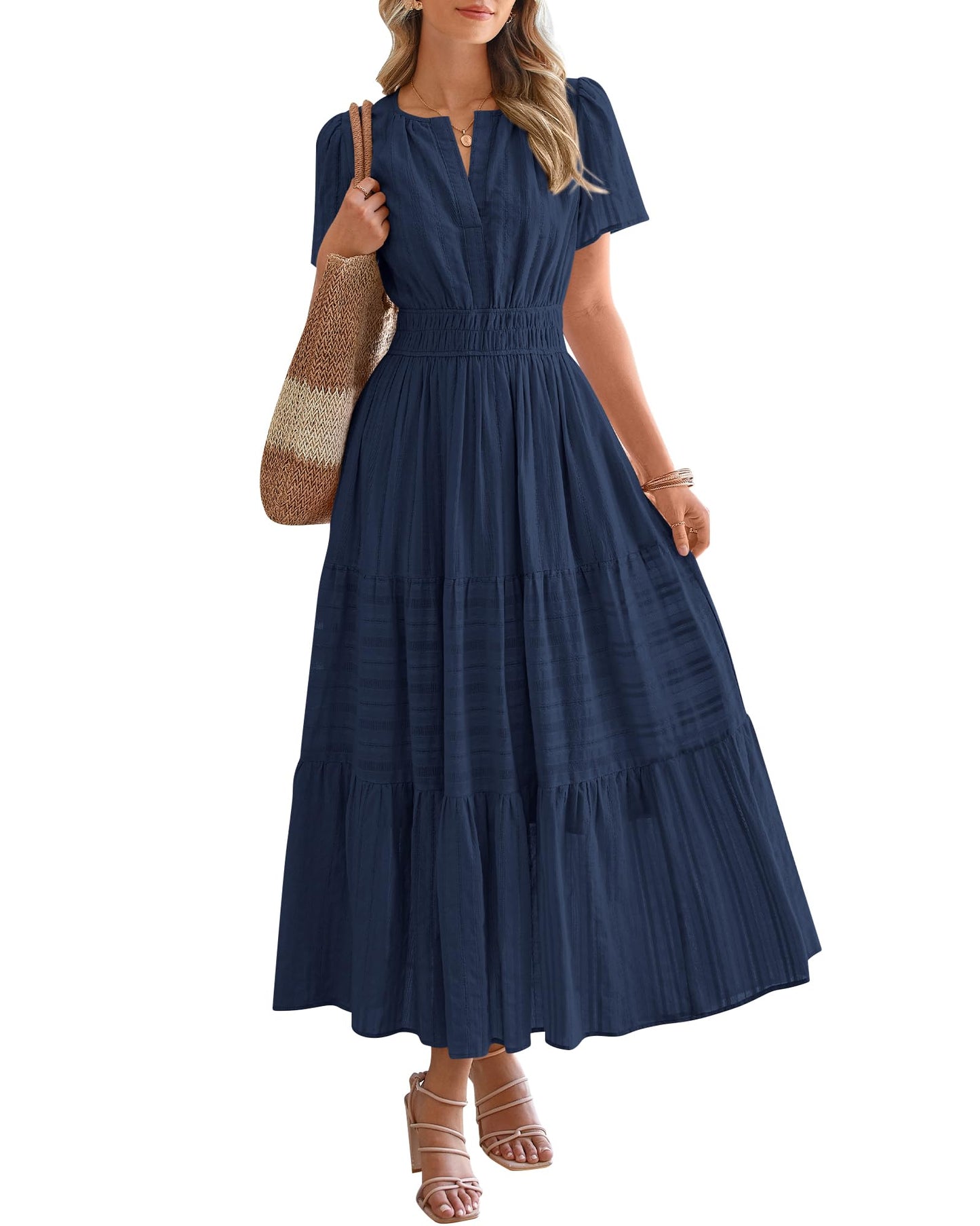 ⏰Hot Sale-Women's Lightweight Short Sleeve V Neck Elastic Waist Dresses