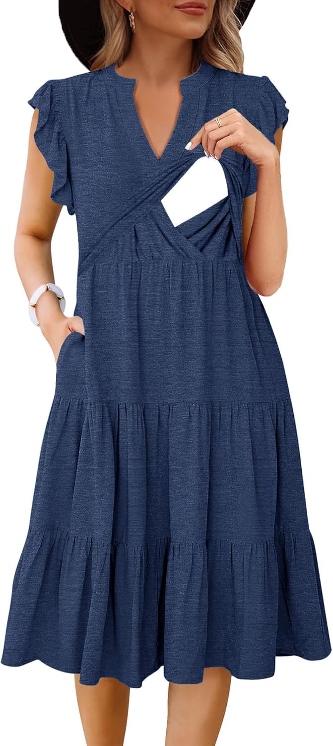 CzzzyL Womens Nursing Midi Dress Breastfeeding Sleeveless Tiered Pockets | Summer V Neck Beach Sundress Ruffle Maternity A Line
