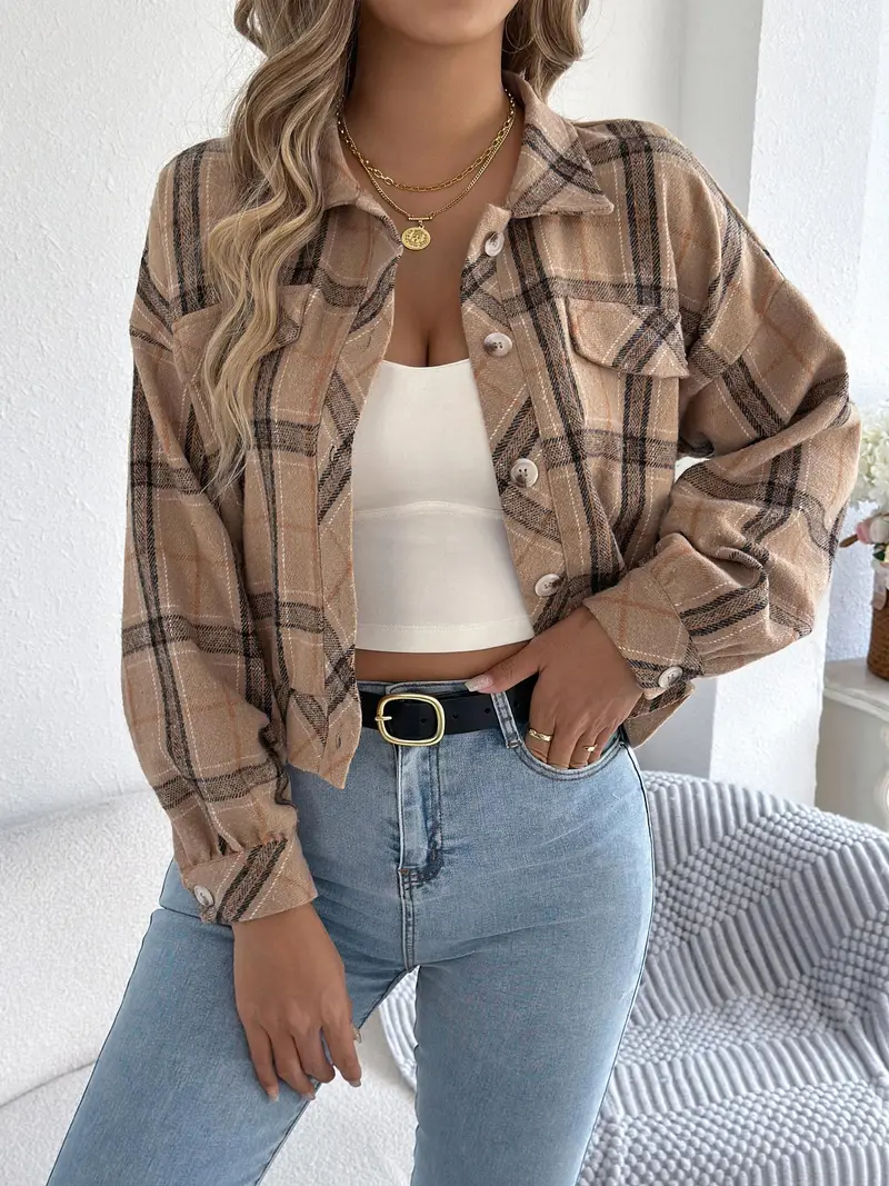 Women’s Plaid Long-Sleeve Jacket – Cozy Casual Outerwear for Fall & Winter