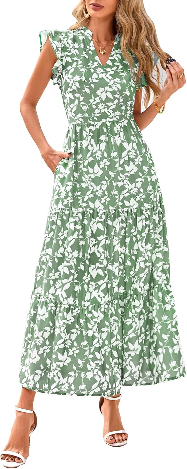 Women's Summer Boho Floral Flowy Midi Dresses