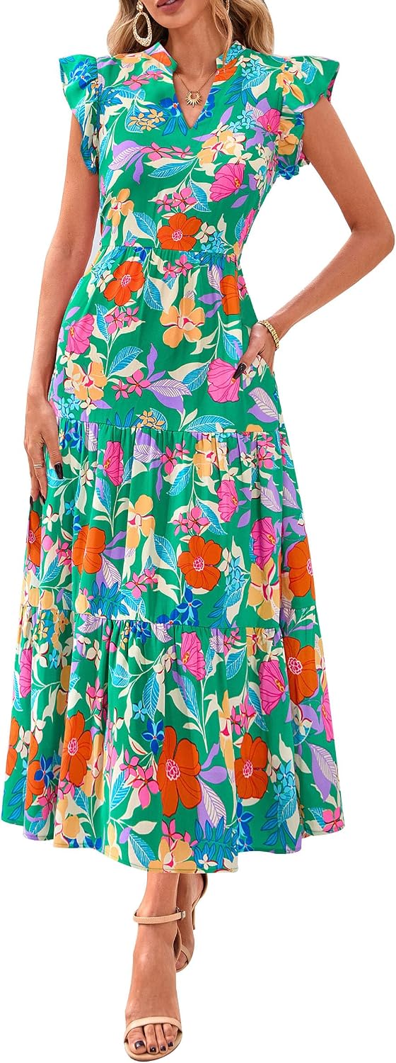 Women's Summer Boho Floral Flowy Midi Dresses