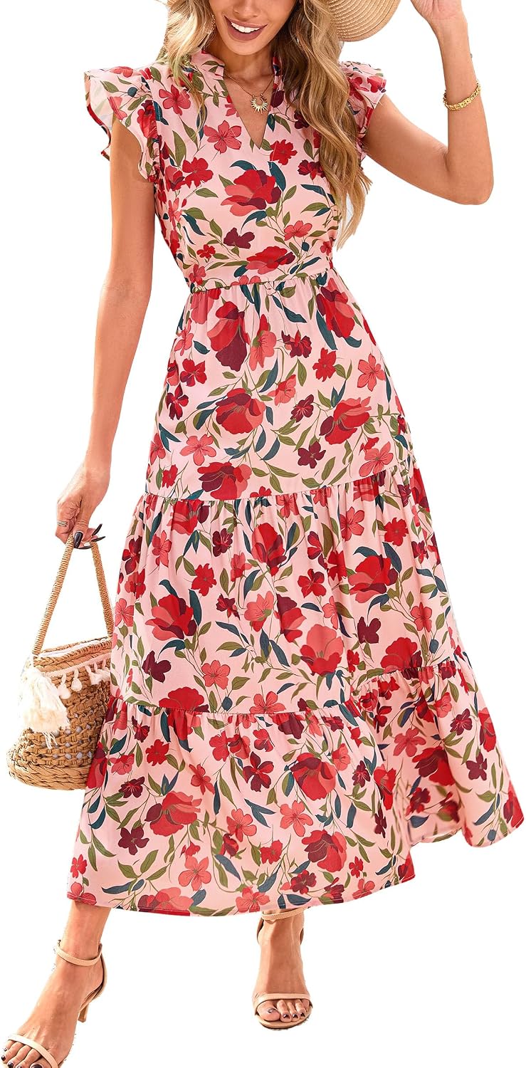 Women's Summer Boho Floral Flowy Midi Dresses