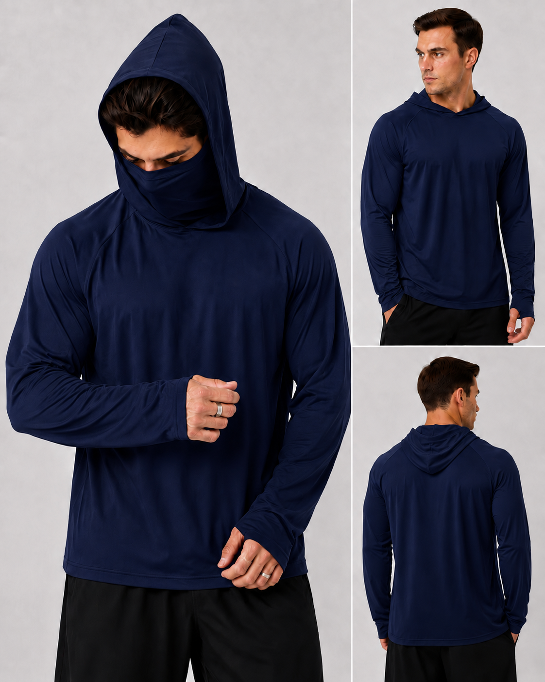 Men's  Long-Sleeve Sun-Ice Silk Protection Hoodie (with Sleeve Pocket and Face Mask)
