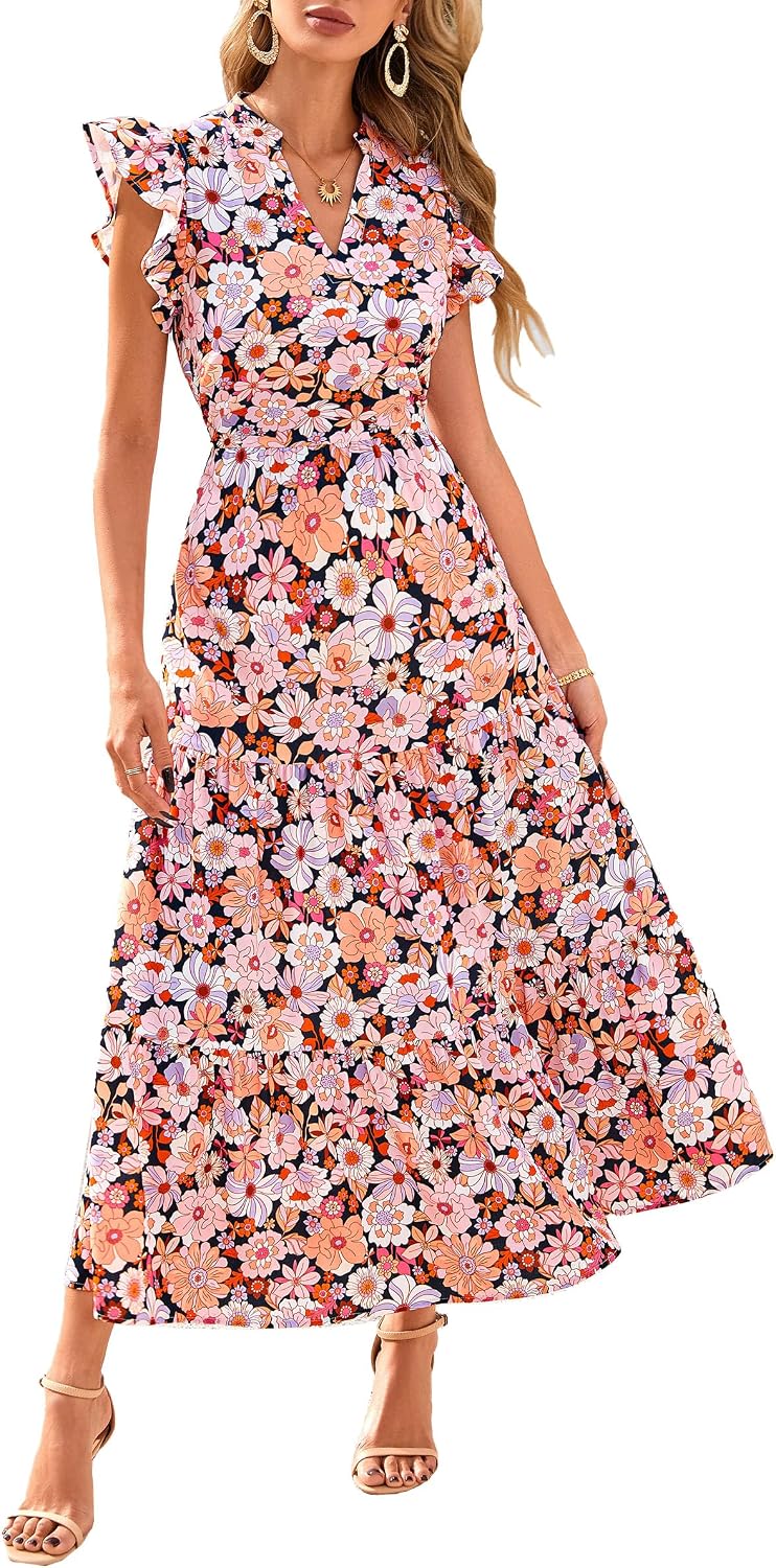 Women's Summer Boho Floral Flowy Midi Dresses