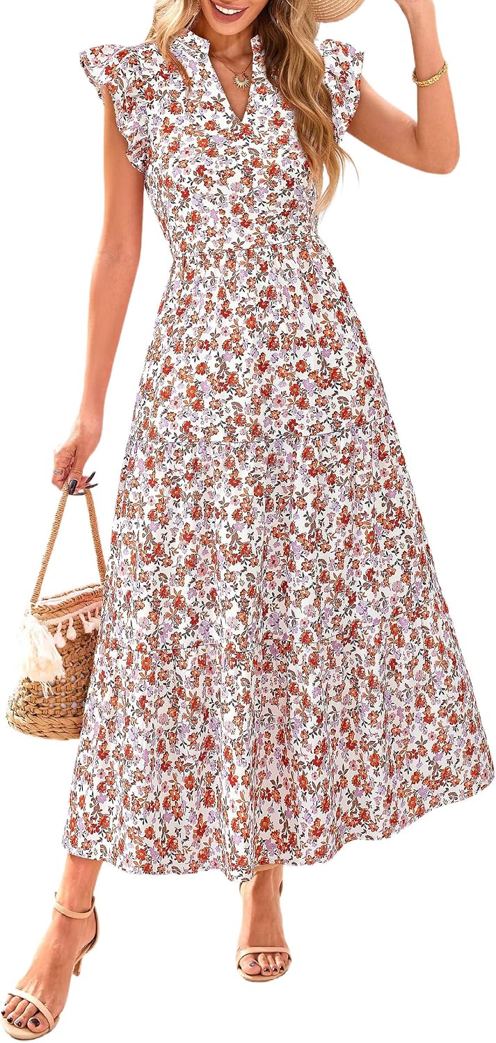 Women's Summer Boho Floral Flowy Midi Dresses