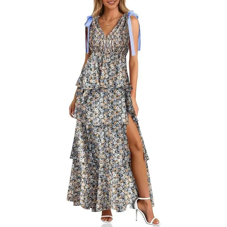 Women’s Boho Floral Tie-Shoulder Tiered Maxi Dress
