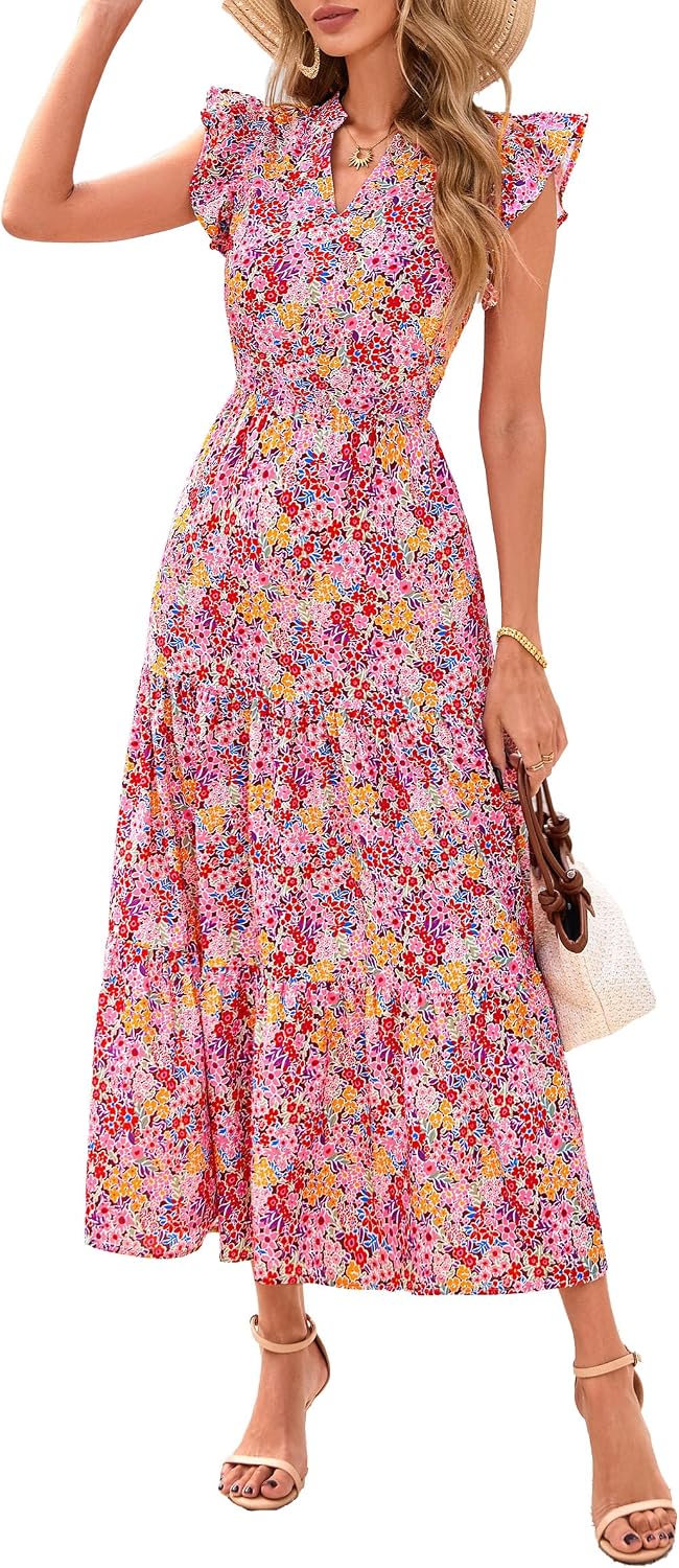 Women's Summer Boho Floral Flowy Midi Dresses