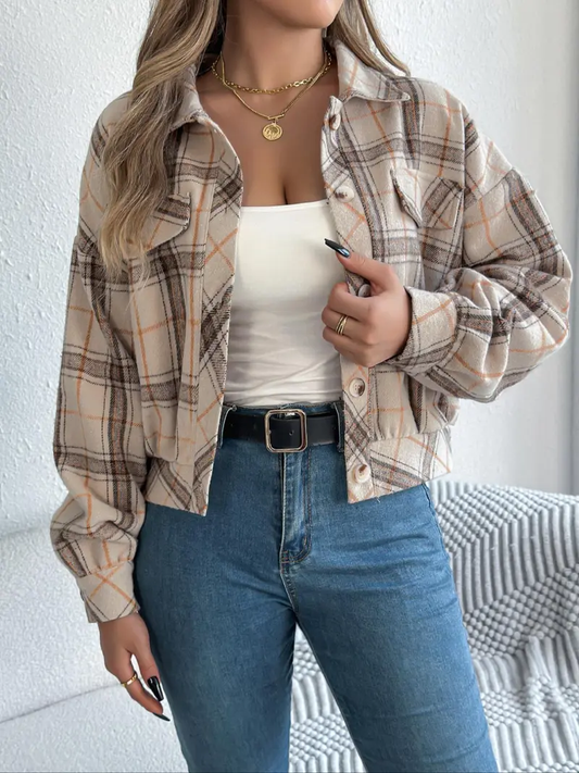 Women’s Plaid Long-Sleeve Jacket – Cozy Casual Outerwear for Fall & Winter