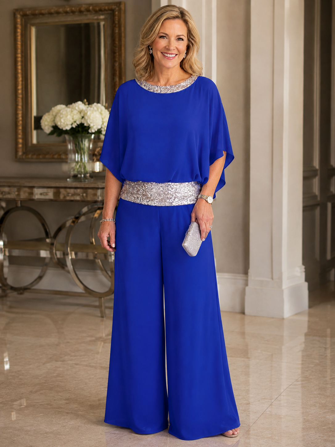 Women's Elegant Sequin Two Piece Set – Loose Fit Sparkle Top & Wide Leg Pants Outfit