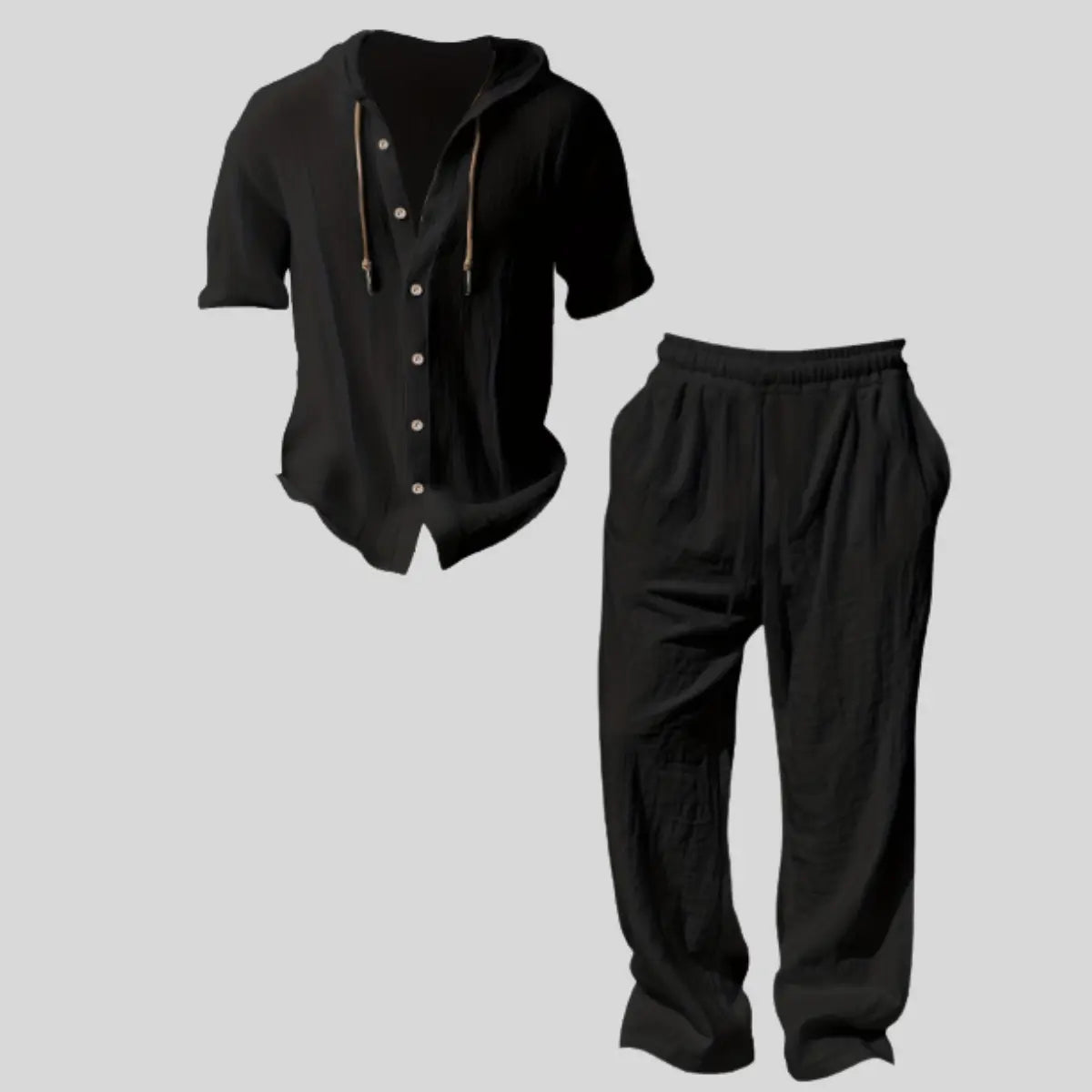 Men's Cooling Linen Blend Hooded Short Sleeve Shirt & Pants Set