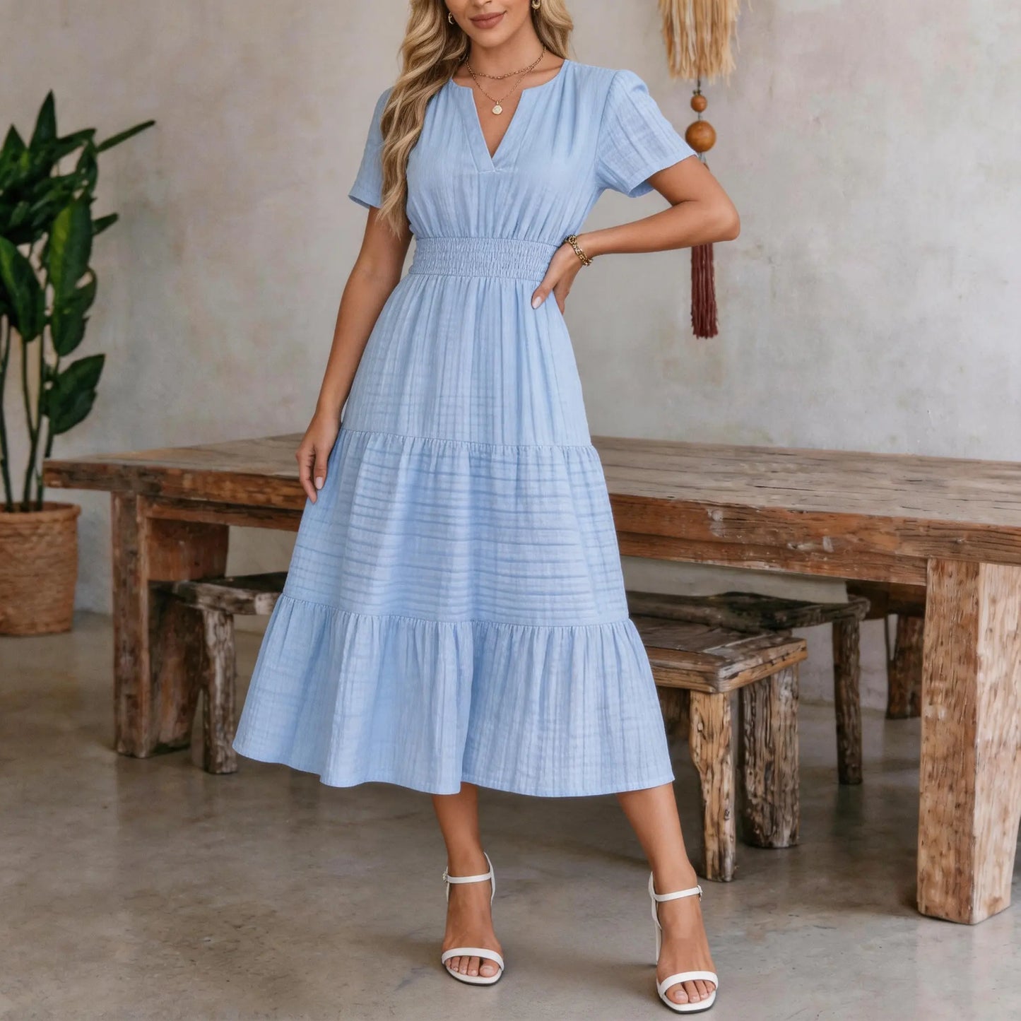 ⏰Hot Sale-Women's Lightweight Short Sleeve V Neck Elastic Waist Dresses