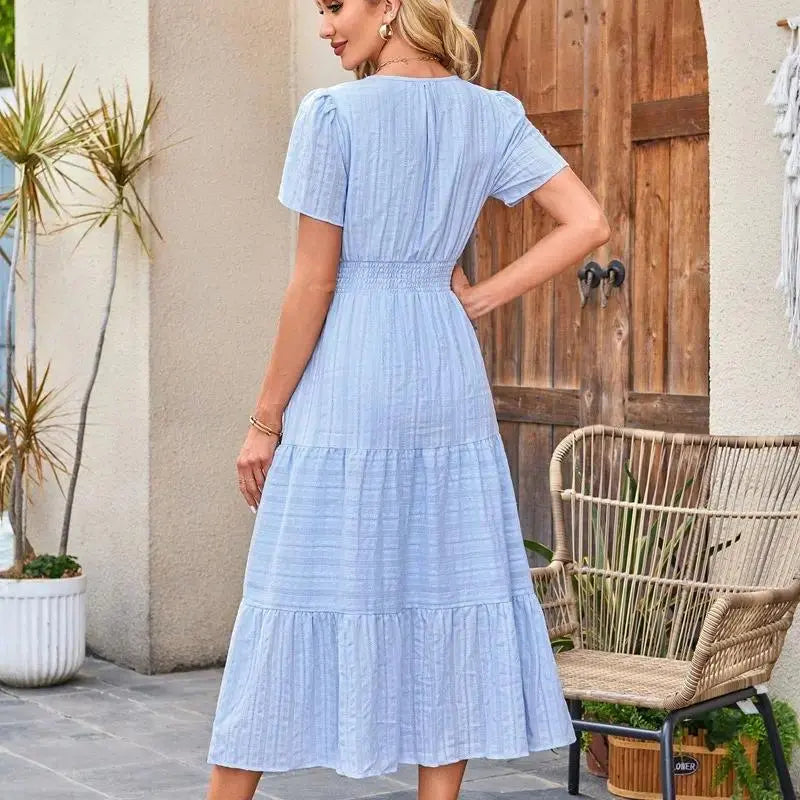 ⏰Hot Sale-Women's Lightweight Short Sleeve V Neck Elastic Waist Dresses