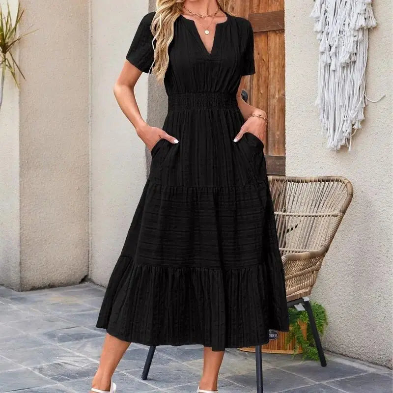 ⏰Hot Sale-Women's Lightweight Short Sleeve V Neck Elastic Waist Dresses