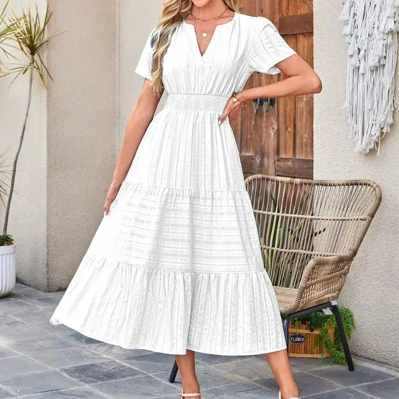 ⏰Hot Sale-Women's Lightweight Short Sleeve V Neck Elastic Waist Dresses