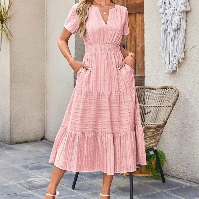 ⏰Hot Sale-Women's Lightweight Short Sleeve V Neck Elastic Waist Dresses