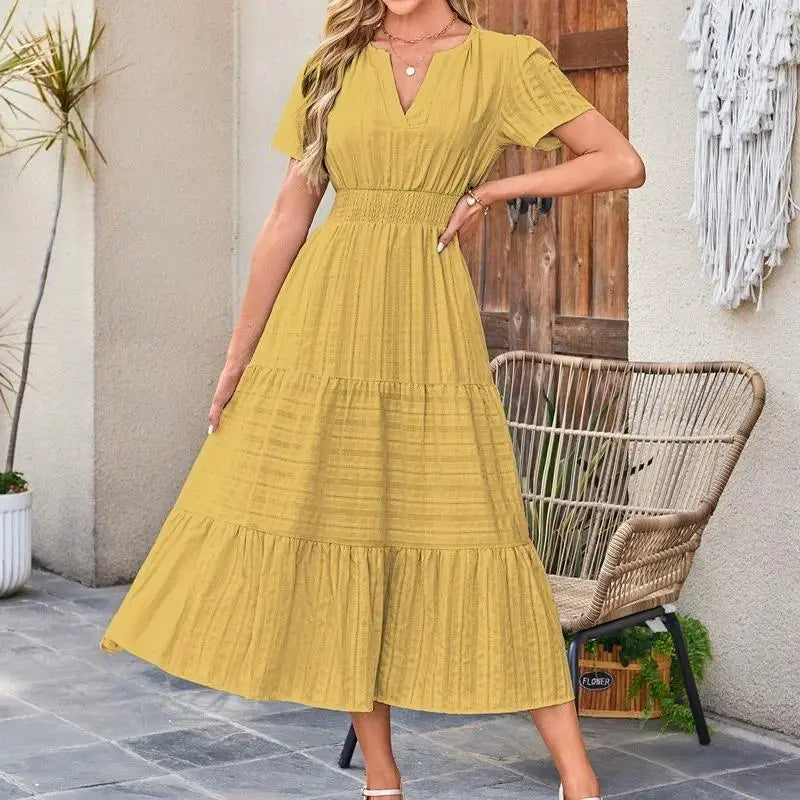 ⏰Hot Sale-Women's Lightweight Short Sleeve V Neck Elastic Waist Dresses