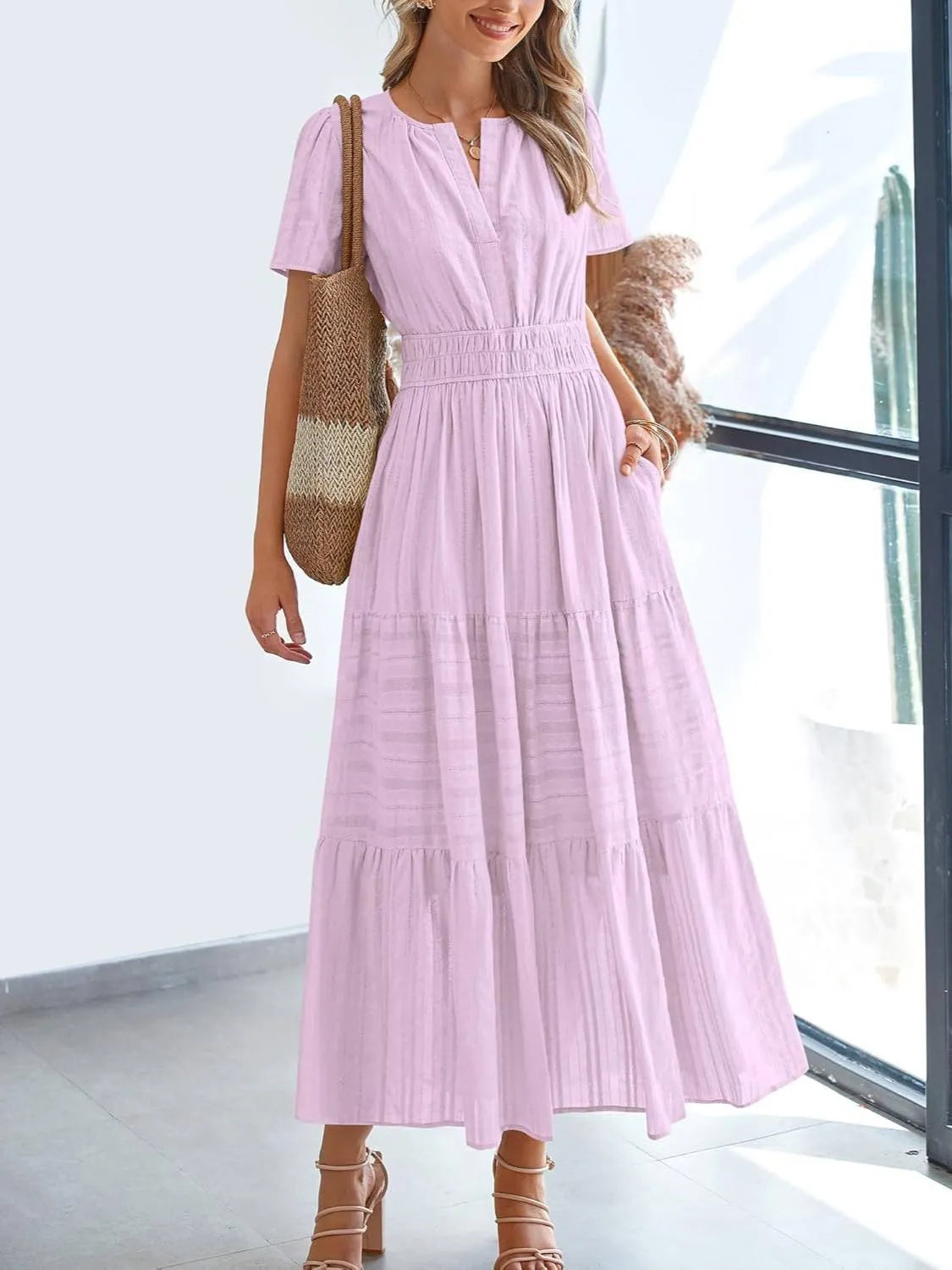 ⏰Hot Sale-Women's Lightweight Short Sleeve V Neck Elastic Waist Dresses