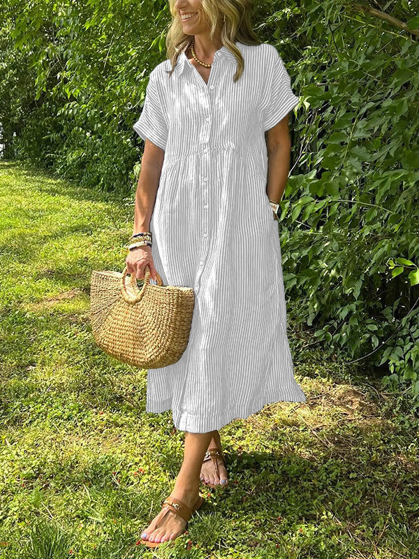 Women's Summer Striped Midi Long Shirt Dress Casual Loose Short Sleeve Button Down Dress