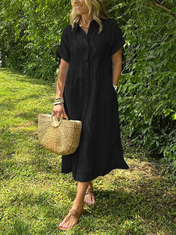 Women's Summer Striped Midi Long Shirt Dress Casual Loose Short Sleeve Button Down Dress