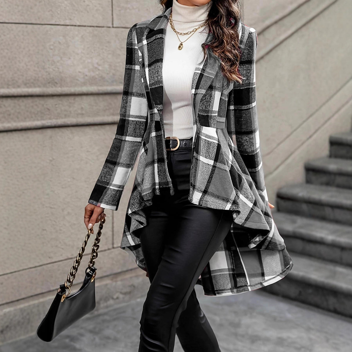 Women's Plaid High-Low Open Front Cardigan - Red Plaid