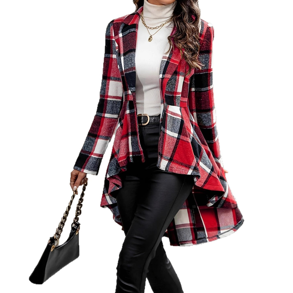 Women's Plaid High-Low Open Front Cardigan - Red Plaid