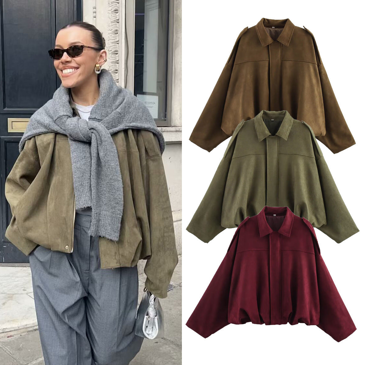 Women's Suede-Look Oversized Bomber Jacket for Fall & Winter