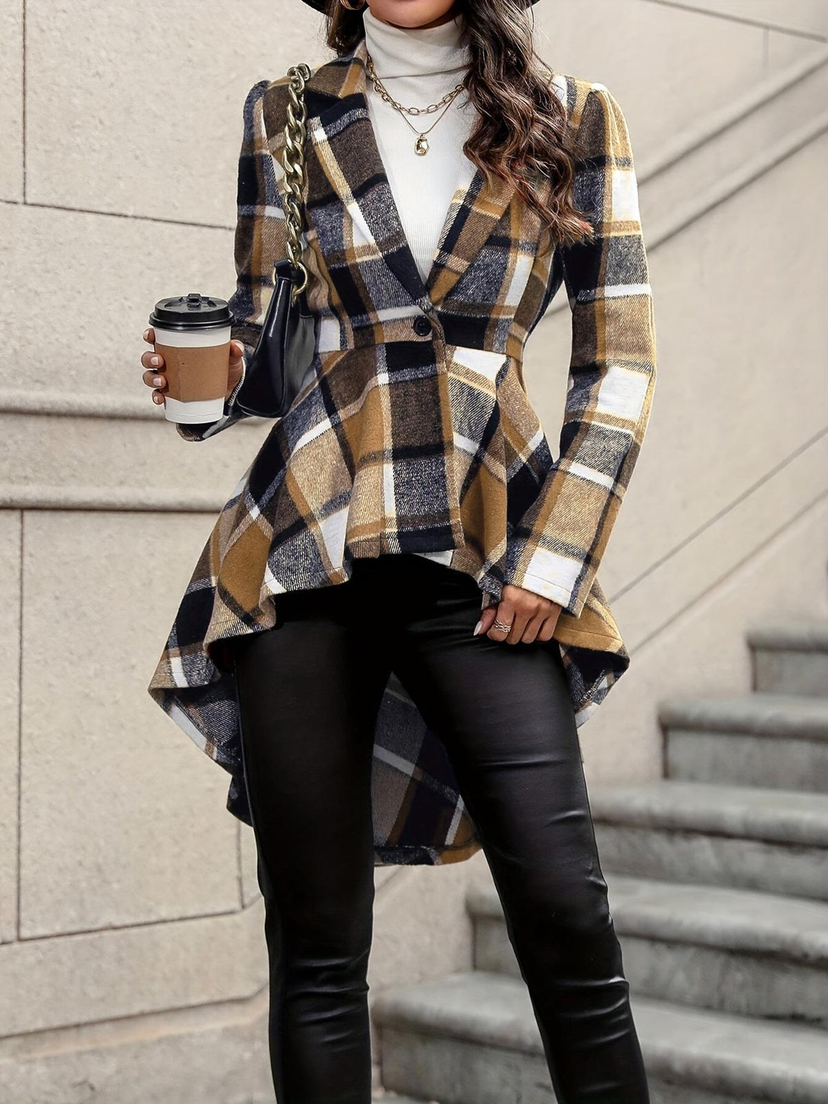 Women's Plaid High-Low Open Front Cardigan - Orange Plaid