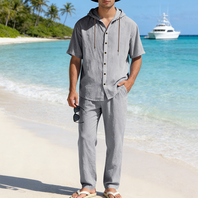 Men's Cooling Linen Blend Hooded Short Sleeve Shirt & Pants Set