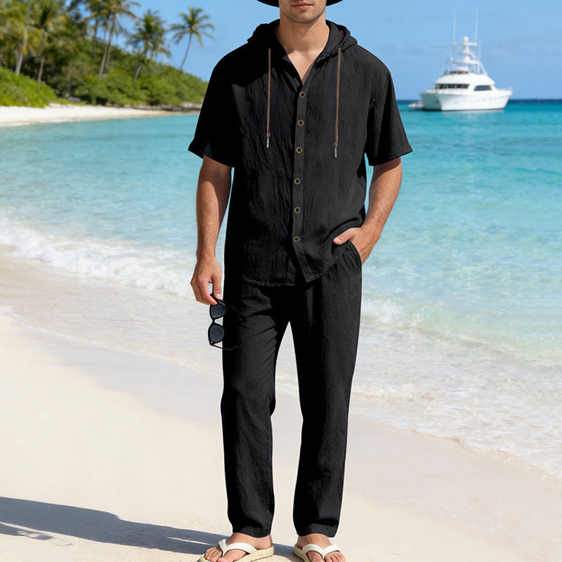 Men's Cooling Linen Blend Hooded Short Sleeve Shirt & Pants Set