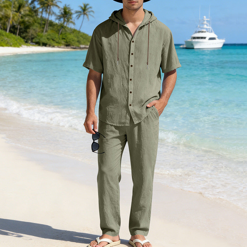 Men's Cooling Linen Blend Hooded Short Sleeve Shirt & Pants Set