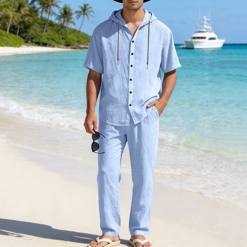 Men's Cooling Linen Blend Hooded Short Sleeve Shirt & Pants Set