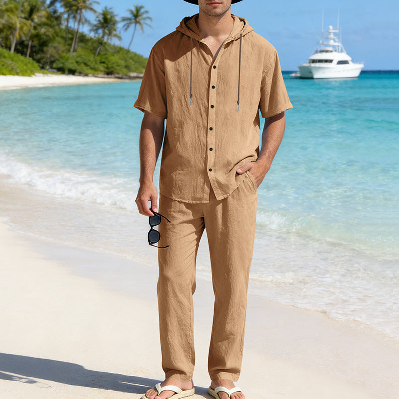 Men's Cooling Linen Blend Hooded Short Sleeve Shirt & Pants Set