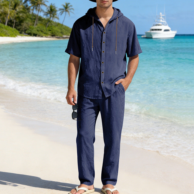 Men's Cooling Linen Blend Hooded Short Sleeve Shirt & Pants Set