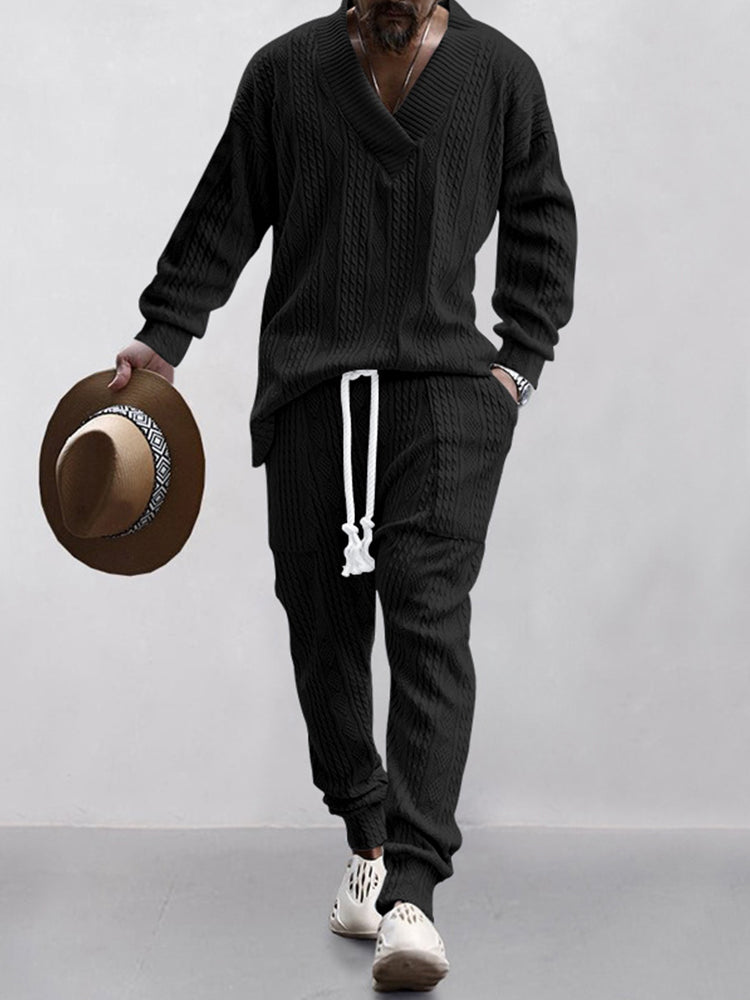 Men's Luxury Cable Knit V-Neck Set – Premium Casual Two Piece Outfit