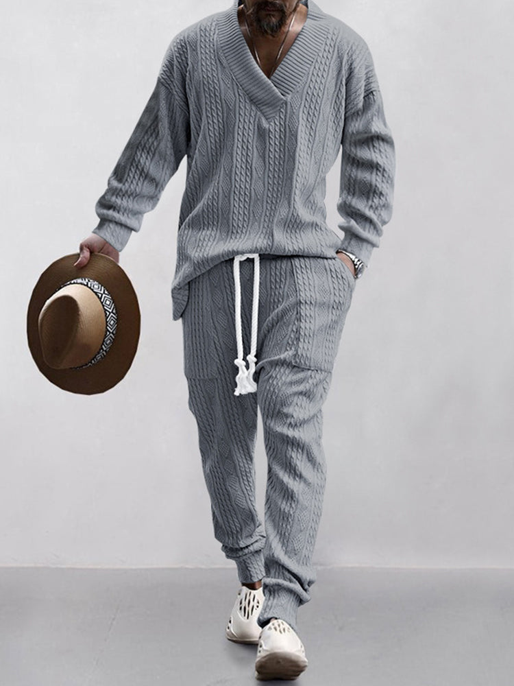 Men's Luxury Cable Knit V-Neck Set – Premium Casual Two Piece Outfit