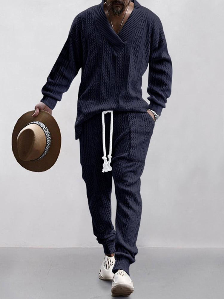 Men's Luxury Cable Knit V-Neck Set – Premium Casual Two Piece Outfit