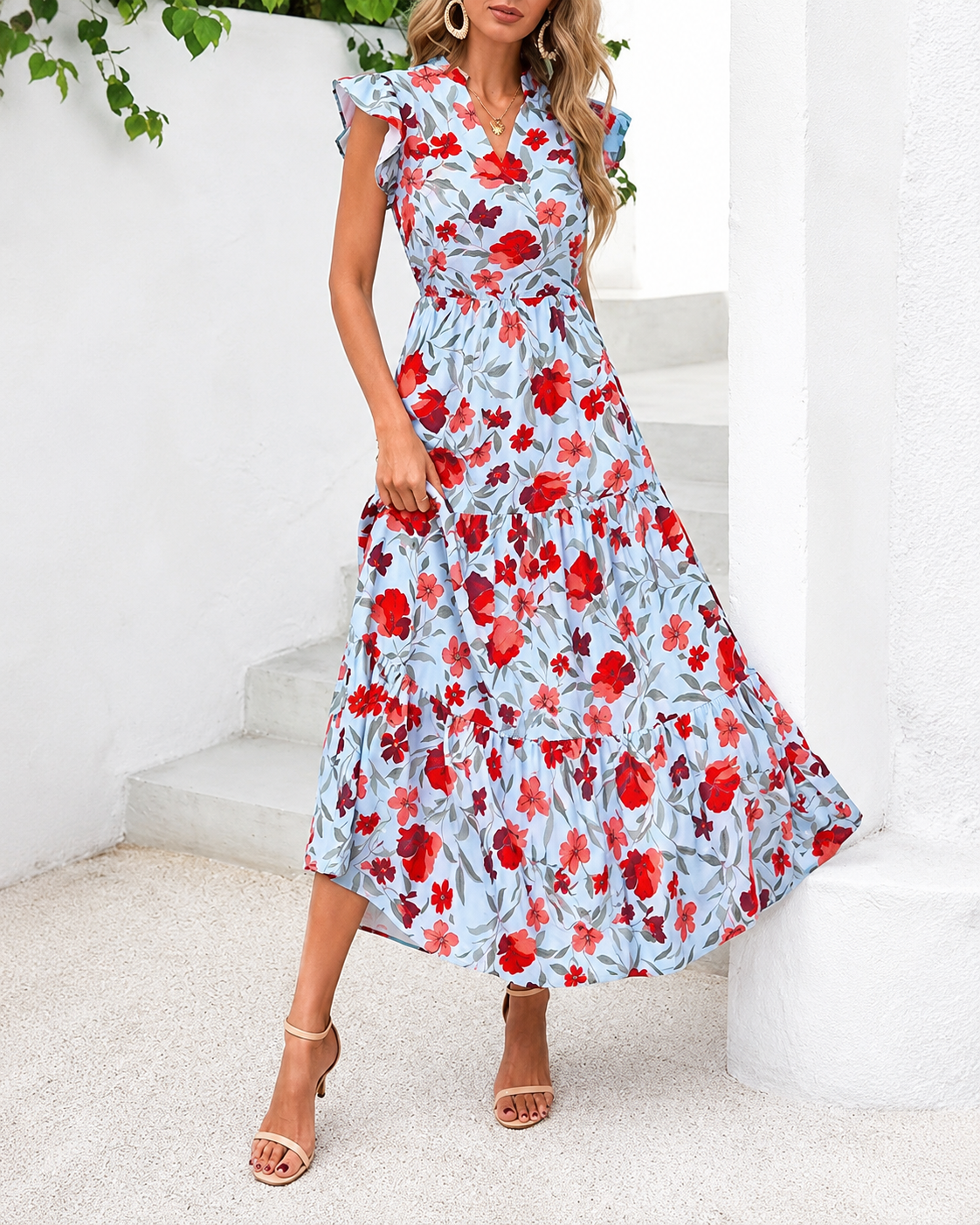Women's Summer Boho Floral Flowy Midi Dresses
