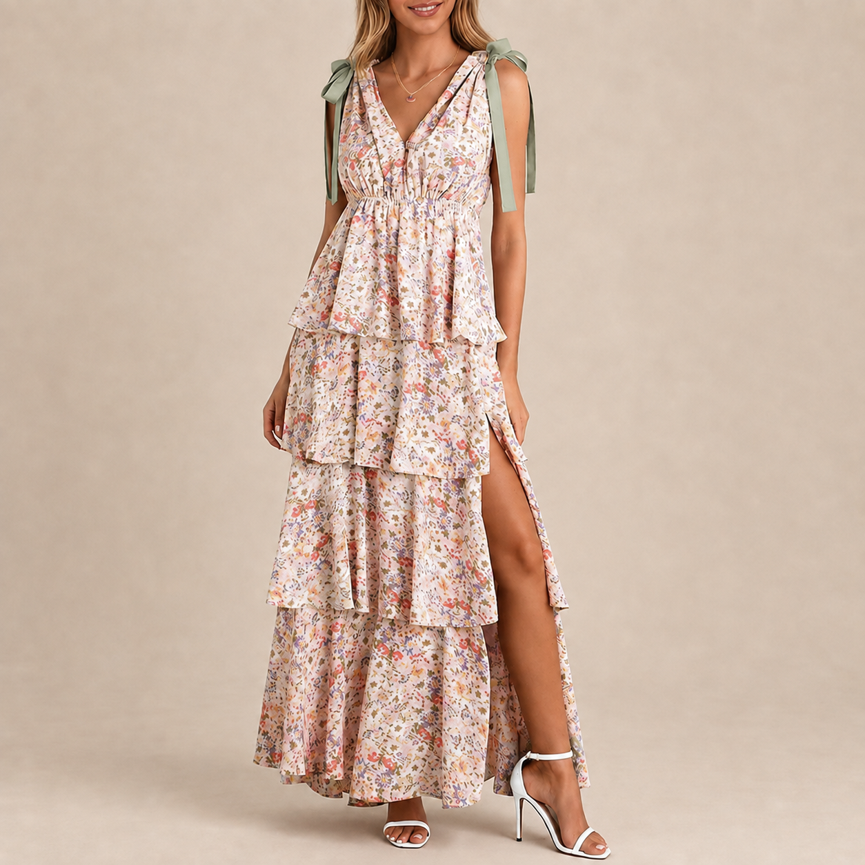 Women’s Boho Floral Tie-Shoulder Tiered Maxi Dress