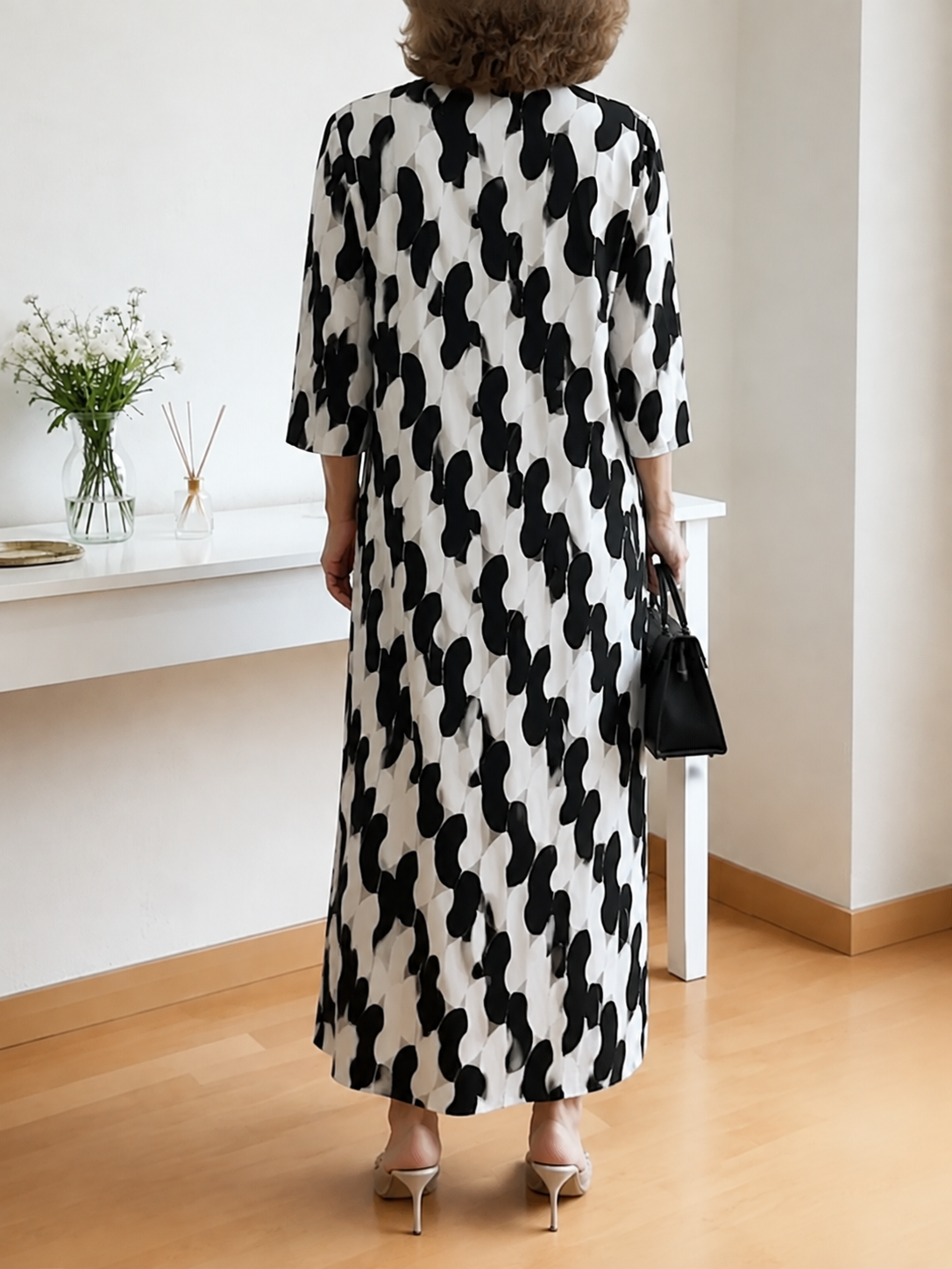 Elegant Art Print Color Block Trim V-neck Midi Dress