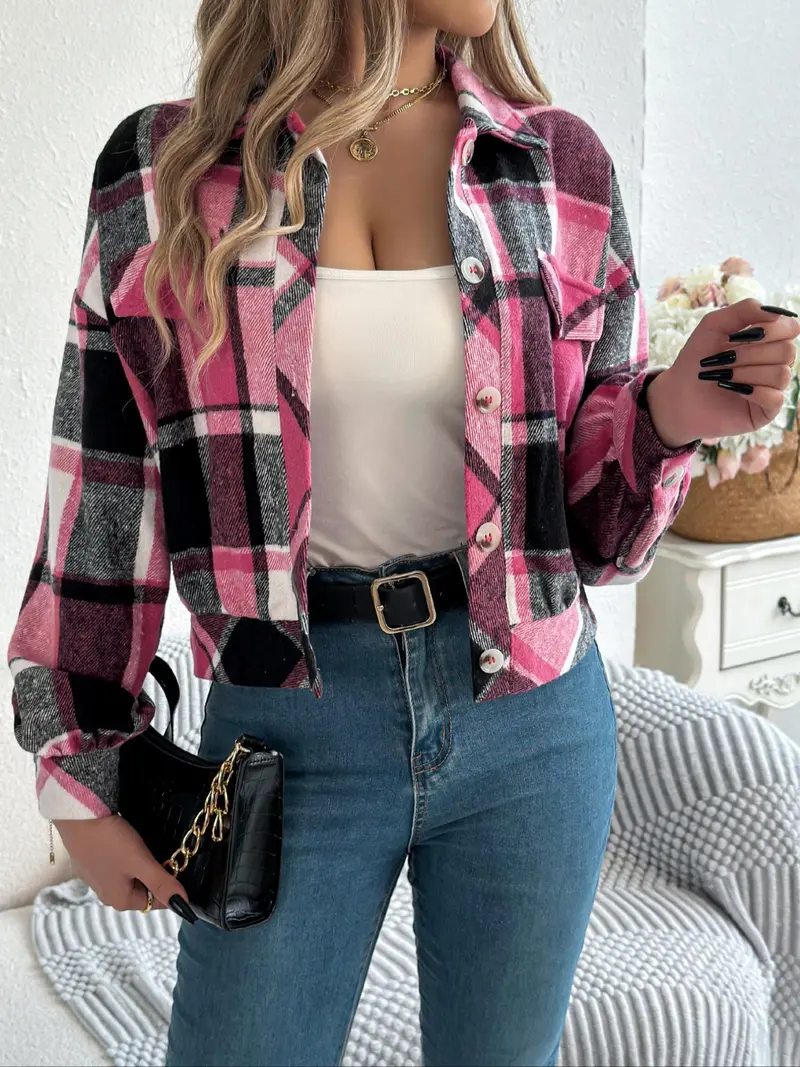 Women’s Plaid Long-Sleeve Jacket – Cozy Casual Outerwear for Fall & Winter