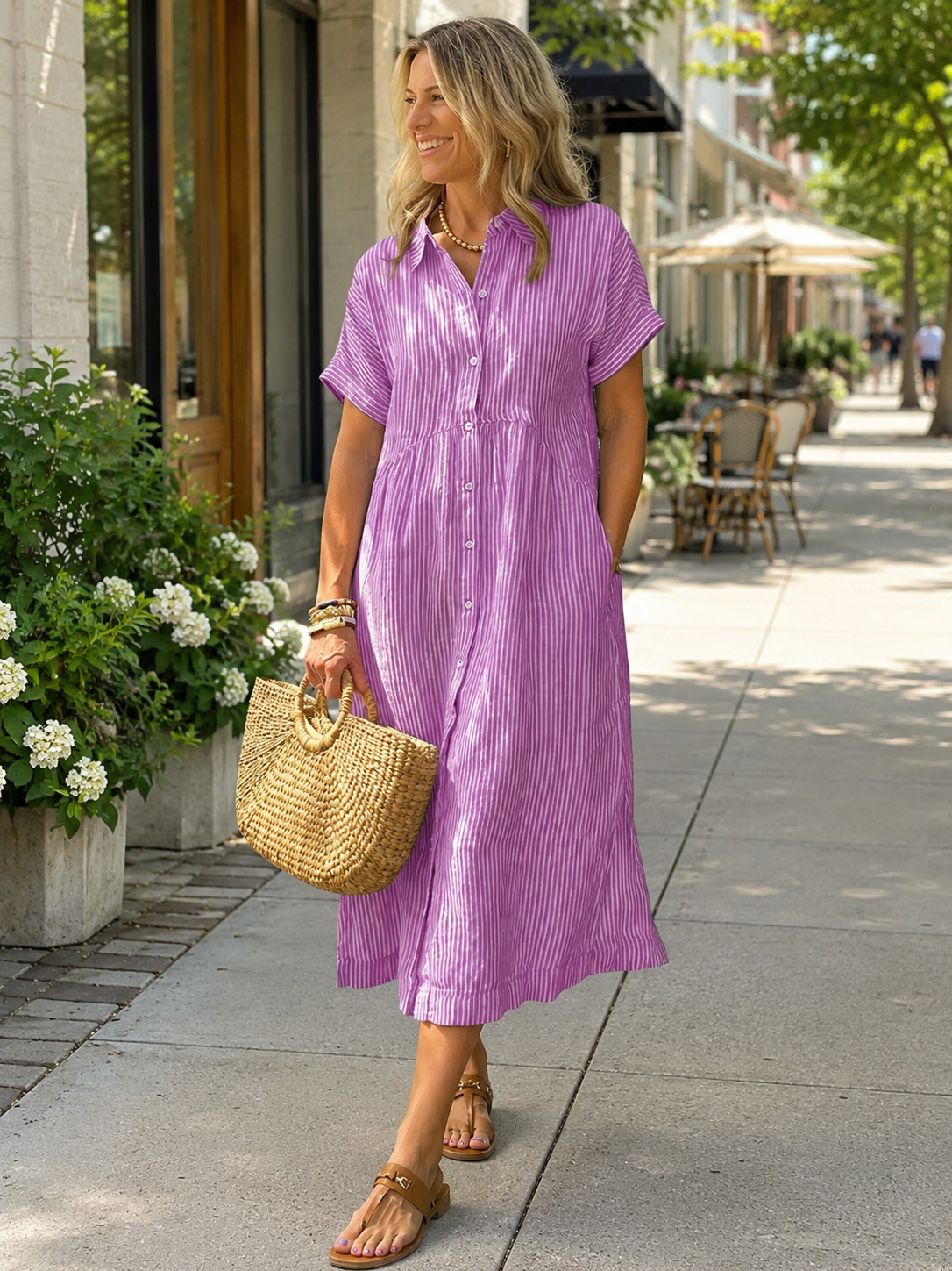 Women's Summer Striped Midi Long Shirt Dress Casual Loose Short Sleeve Button Down Dress