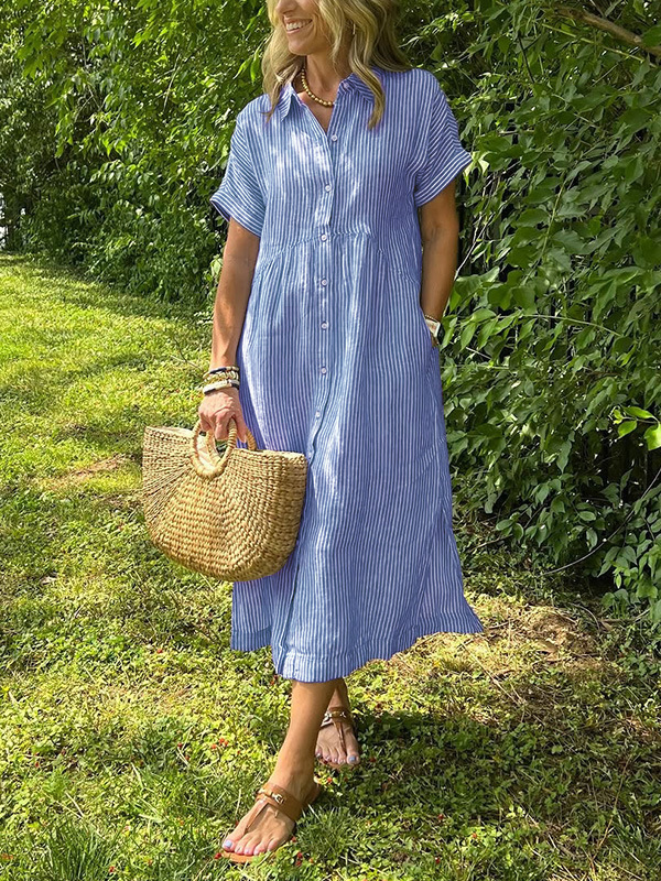 Women's Summer Striped Midi Long Shirt Dress Casual Loose Short Sleeve Button Down Dress