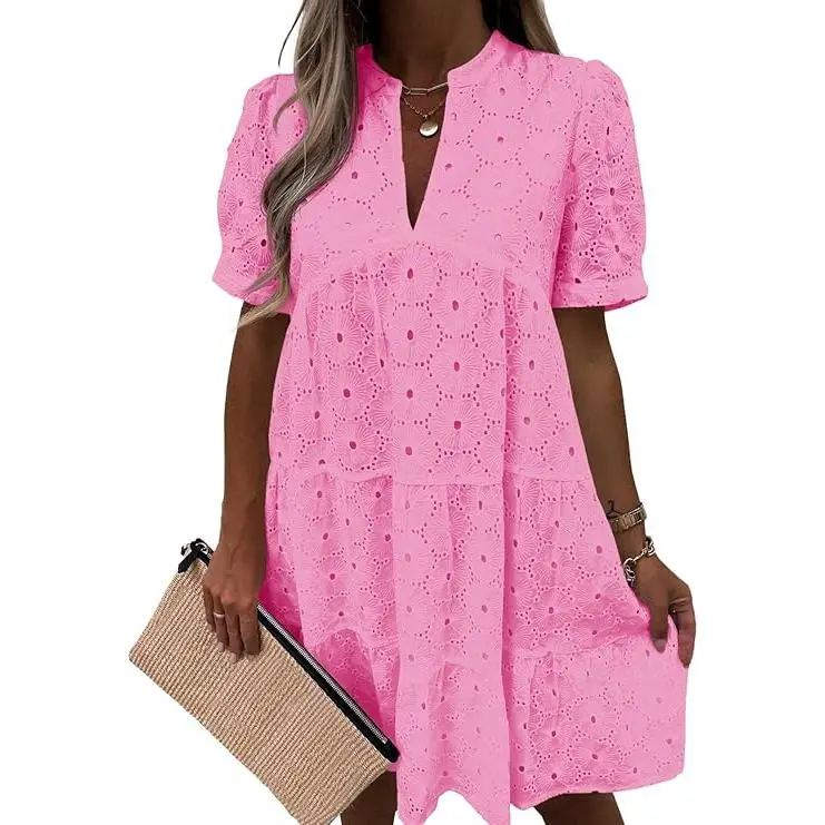 Women’s Summer Lace Dresses Eyelet Casual Flowy Babydoll Swing Short Sleeve V Neck Tunic Dress