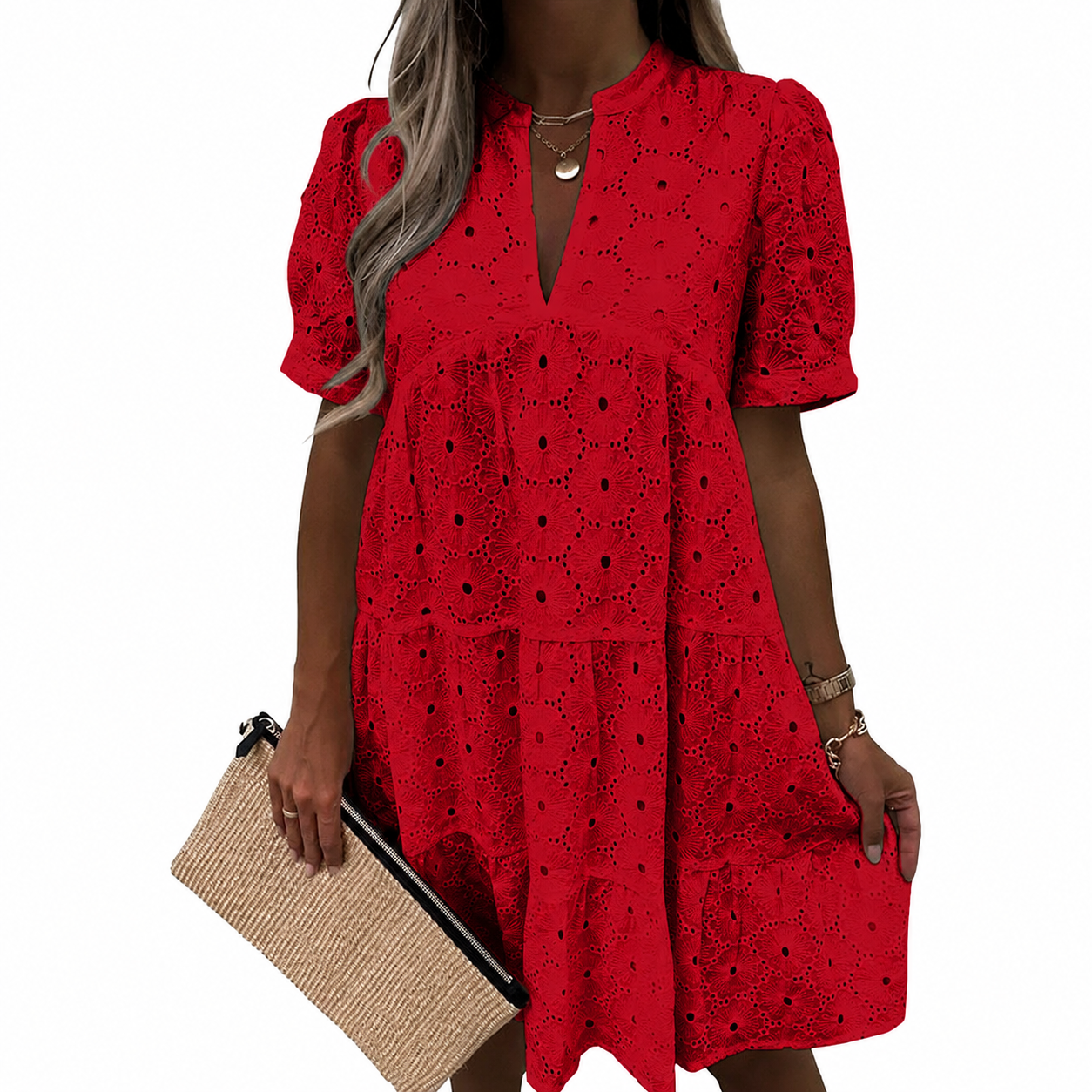 Women’s Summer Lace Dresses Eyelet Casual Flowy Babydoll Swing Short Sleeve V Neck Tunic Dress
