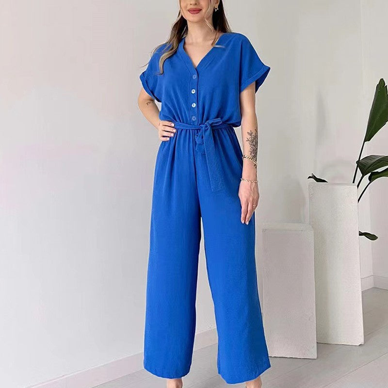 (48% OFF🔥Buy 2 Free Shipping) 💖Women's V-Neck Short-Sleeve Casual Jumpsuit