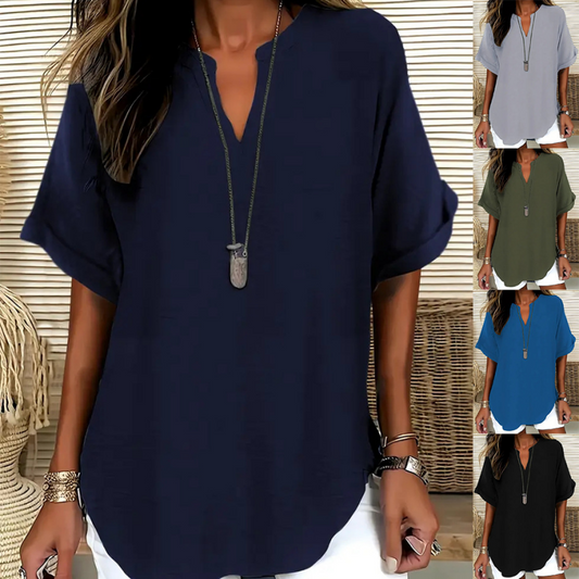 🌸Summer Sale 50% OFF👕Women's Casual V-Neck Short Sleeve Blouse - Lightweight Relaxed Fit Summer Top