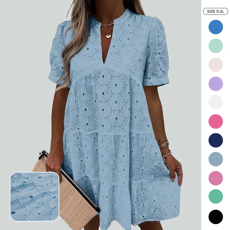 Women’s Summer Lace Dresses Eyelet Casual Flowy Babydoll Swing Short Sleeve V Neck Tunic Dress
