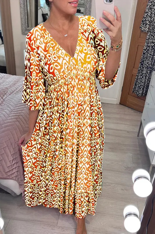 (🔥Hot Sale - 48% OFF🔥 Free Shipping)Casual Print V-neck Long Dress